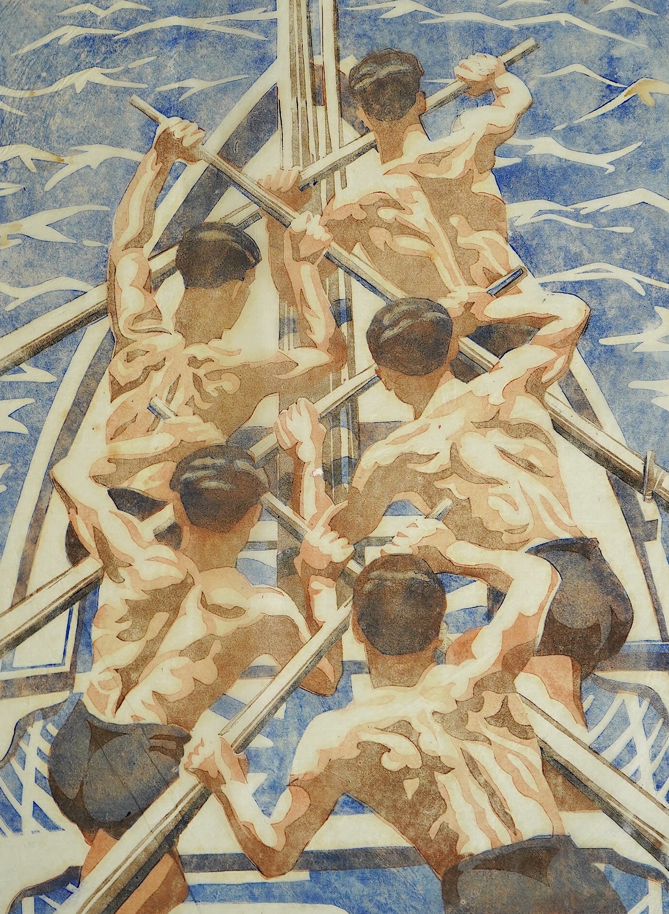 Margaret Barnard (British, 1900-1992), The Oarsmen Positano, c.1930, linoleum cut printed in colours on tissue-thin oriental laid paper, 34 x 26cm.